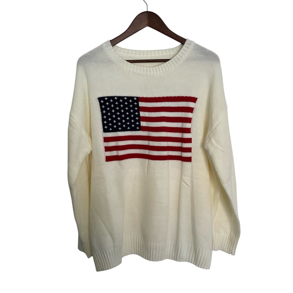 American Flag Sweater Women's 1XL Ivory Patriotic USA Knit Pullover Americana